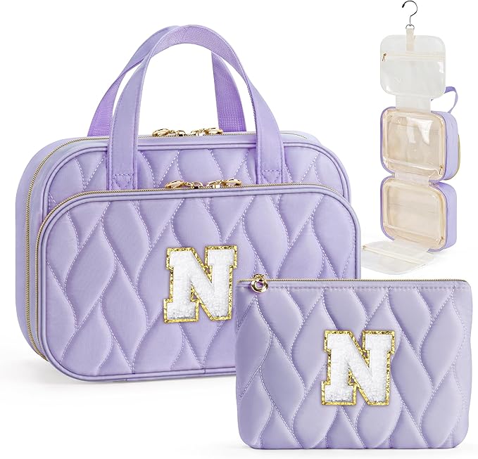 YOOLIFE Hanging Toiletry Bag for Women - Initial Large Capacity Personalized Bag for Traveling Women Travel Essentials Gifts Purple - N