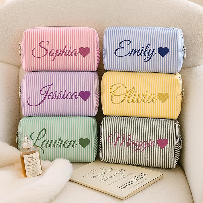 Personalized Seersucker Makeup Bag with Embroidered Name&Birth Flower,Custom Small Travel Cosmetic Bag Toiletry Bag Wedding Gifts for Bridesmaid Bride (3-Makeup Bag with Heart)