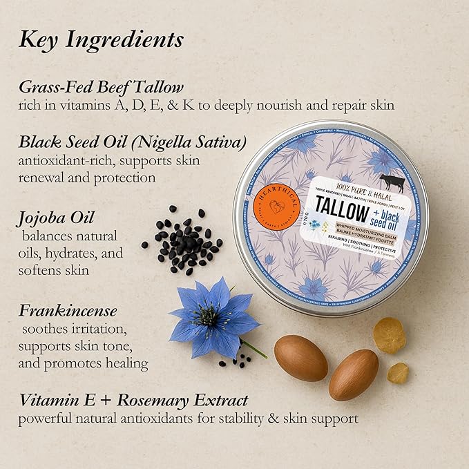 Halal Grass Fed Beef Tallow For Skin – 70g Organic Beef Tallow Moisturizer – Beef Tallow Face Moisturizer & Beef Tallow Face Cream – Pure Beef Tallow Balm with Black Seed and Jojoba