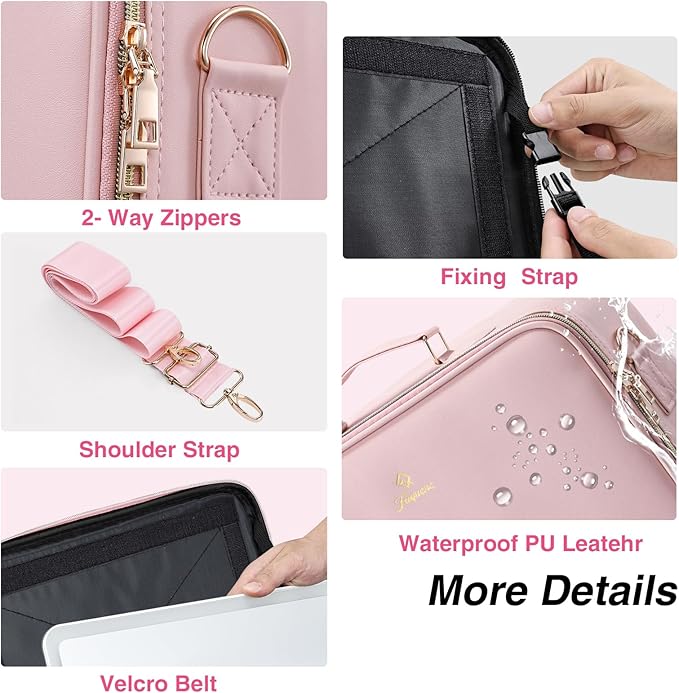 Large Makeup Bag with LED Mirror,Travel Cosmetic Train Case for Makeup Artists,Makeup Organizer Case with Divider Rechargeable Vanity Mirror with 3 Color Lights for Barber,MUA,Nail Tech, Pink