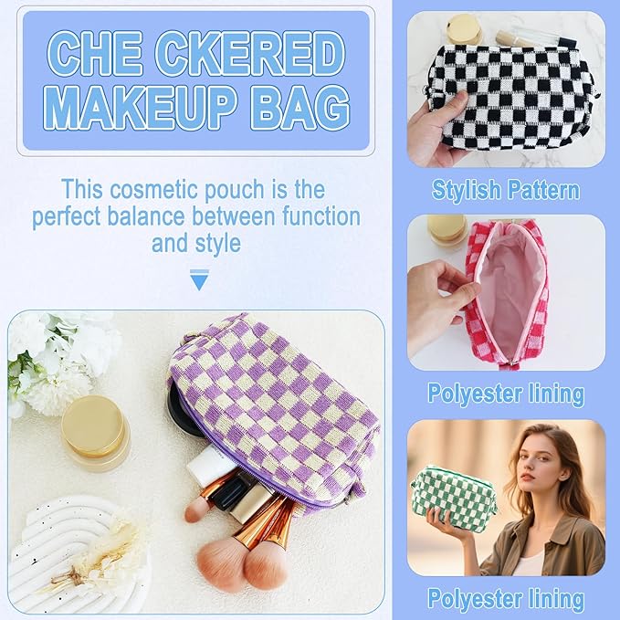 ZLFSRQ 6Pcs Checkered Pencil Case Cute Pencil Pouch for Teens Checkered Makeup Bag Colorful Medium Travel Cosmetic Bag Pink Makeup Pouch for Purse Aesthetic Trendy Zipper Toiletry Bags Organizer