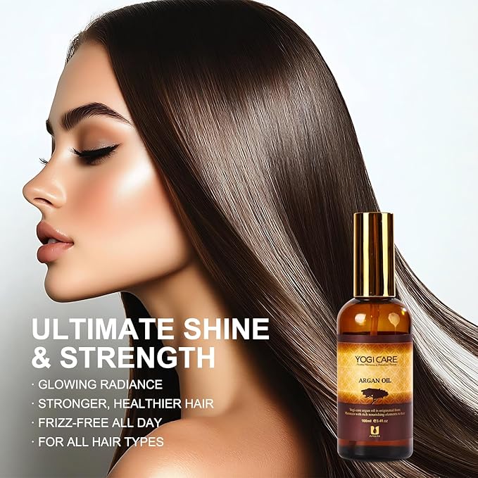 Moroccan Argan Oil For Frizzy, Dry & Damaged Hair – Nourishing & Strengthening Hair Care Oil For All Hair Types – Anti Frizz, Moisturizing, Repair & Shine – 3.4 FL.OZ Glass Bottle