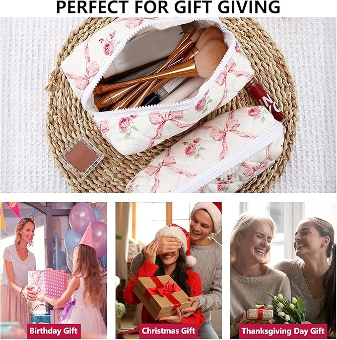 2Pcs Cotton Quilted Makeup Bag for Women Girls Coquette Cosmetic Bag Cute Zipper Pink Bow Pencil Pouch Aesthetic Portable Travel Toiletry Bag Trendy Essentials Skincare Makeup Brush Pouch