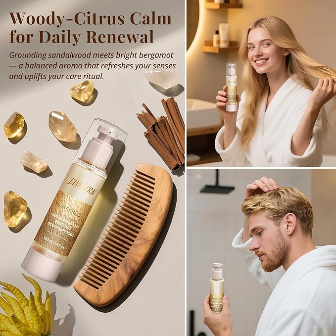 Leave-In Hair Oil – Lightweight Hydrating Blend with Jojoba & Argan Oils for Smoothness, Shine & Frizz Control, Sandalwood & Bergamot Aroma, for Fine or Frizz-Prone Hair, 3.4 fl oz / 100 ml