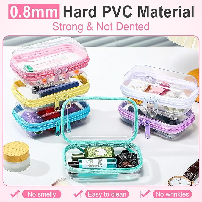 Sanwuta 6 Pcs Clear Hard Zipper Case Hard Plastic Zipper Pouches Makeup Bag Pencil Pouches Transparent Cases for Snacks Plastic Storage Organizer Box for Travel(Colorful,5 x 3 x 2 Inch)