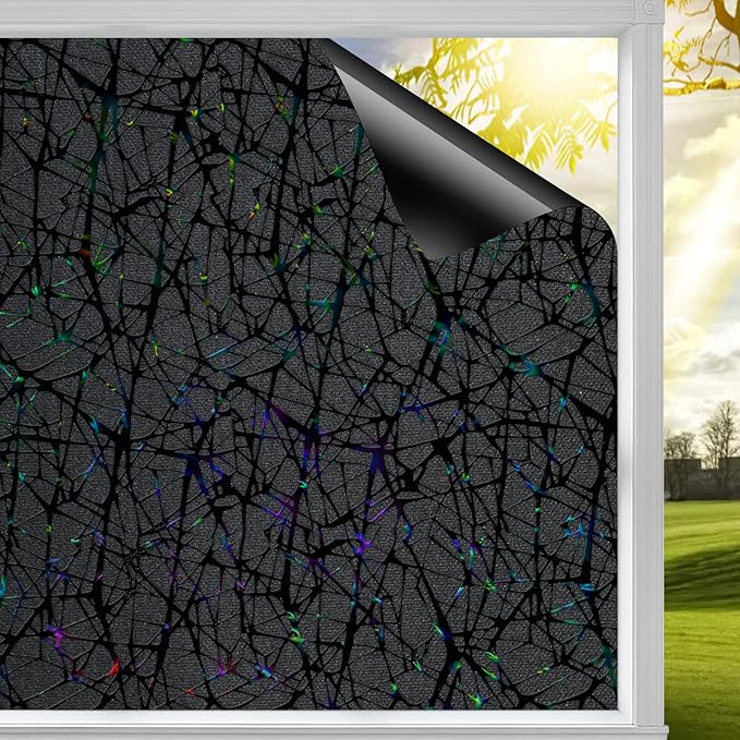 QHY Sunshine Total Blackout Window Film Privacy， Frosted Glass Window Film，Black Window Tint， No Glue， Detachable, no Marks, Suitable for Repeated use (Black, 17.5 in X 157.4 in)