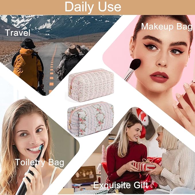 Makeup Bag Travel Cosmetic Bag for Women Girls, Zipper Make Up Pouch, Floral Flowers Toiletry Organizer Makeup, Portable Storage Bag, Cosmetic Travel Cloth Bag (Pink+Blue)