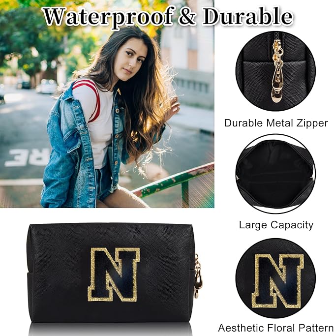 Personalized Initial Letter Patch Makeup Bag, Preppy Portable Chenille Cosmetic Bag with Zipper, PU Leather Waterproof Travel Toiletry Bag Monogram Make Up Pouch for Women Girls(Letter N)