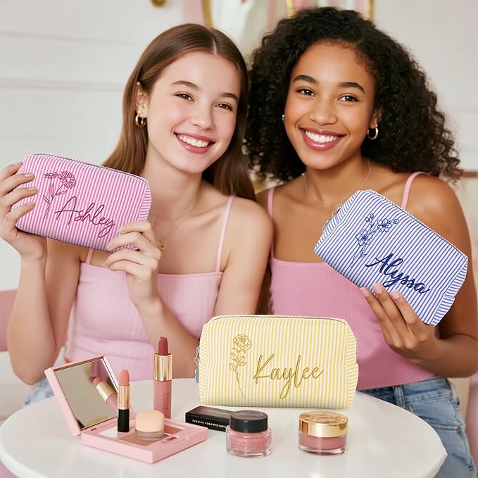 Yofair Personalized Makeup Bag with Bith Flower, Large Capacity Travel Toiletry Case Teen Girl Gift Trendy Stufff Custom Seersucker Cosmetic Bags Birthday Gifts for Girls
