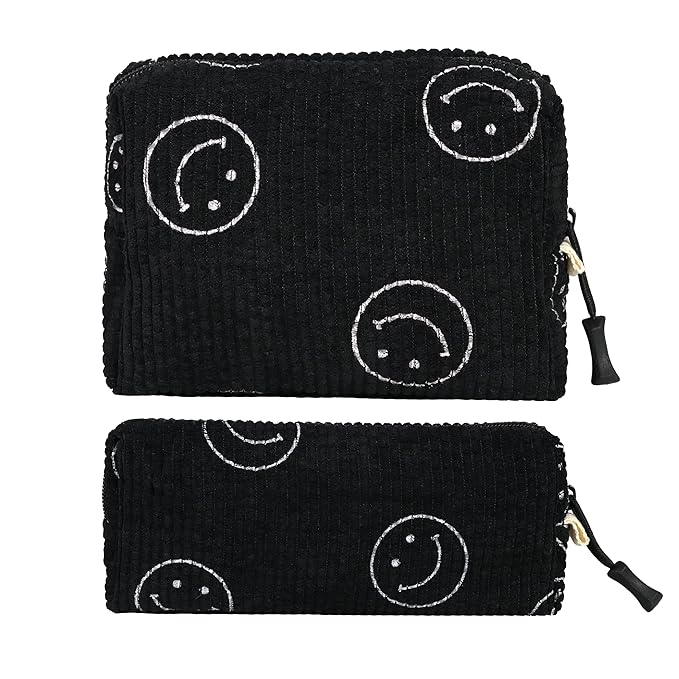 Small Cosmetic Bag set for Women Corduroy Makeup Bag with Interior Pocketes Cute Corduroy Makeup Pouches Women Small Toiletry Bag (Black Smile)