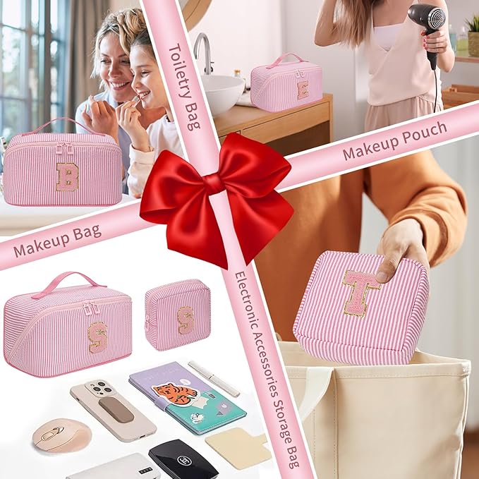 Travel Makeup Bag for Women, 2Pcs Portable Personalized Initial Makeup Organizer Bag, Open Flat Large Cosmetic Bag With Travel Essential Pouch (Pink Letter Z)
