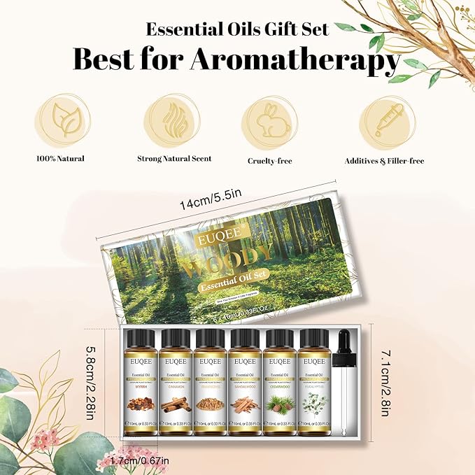 EUQEE 10ml Woody Essential Oils Set - Pure & Nature Essential Oils for Aromatherapy, Diffuser, Candle Making, Massage - Eucalyptus, Cedarwood, Sandalwood, Frankincense, Cinnamon