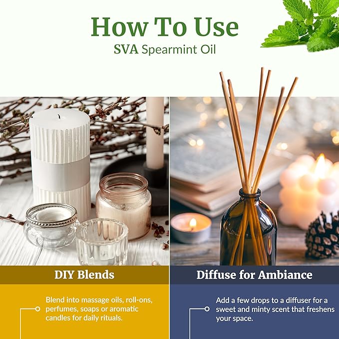SVA Spearmint Essential Oil – 4 Fl Oz – 100% Natural Spearmint Oil - for Diffuser, Hair Care, Face, Skin Care, Aromatherapy, Scalp and Body Massage, Soap and Candle Making – with Dropper