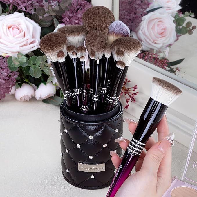 Bueart Design 16PCS Ultra Soft Makeup Brushes Sets with Holder,Professional Make up Brushes with Diamond(Purple-Black Gradient & Holder)