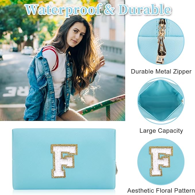 Personalized Initial Letter Patch Makeup Bag, Preppy Portable Chenille Cosmetic Bag with Zipper, PU Leather Waterproof Travel Toiletry Bag Monogram Make Up Pouch for Women Girls