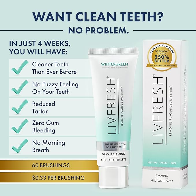 LIVFRESH Toothpaste Gel, Clinically Proven to Remove Plaque 250% Better, Improves Gum Health 190% Better, Prevents & Reduces Tartar, Freshens Breath, SLS Free Dental Gel, Wintergreen, 3 Pack