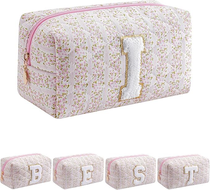 JOVAKIT Alphabet Makeup Bag Cosmetic Bag for Women, Christmas Gifts for Girls Age 6-18, Floral Flowers Coquette Travel Toiletry Zipper Make Up Pouch Organizer Trendy Stuff (Pink Floral I)