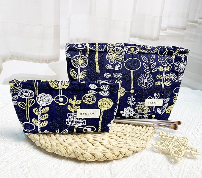 2 Pcs Makeup Bags, Large Cosmetic Bag Travel Toiletry Bag Organizer for Women, Embroidery Craft, Floral Makeup Bag Small Cosmetic Pouch Purse with Zipper, Gifts for Girls Teen (Blue-tree)