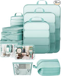 Veken 11 Set Compression Packing Cubes for Travel Essentials,Compressible Expandable Large Luggage Suitcase Organizer Bags for Clothing,Durable Space Saver Storage Bags with Toiletry Bags(Blue Green)