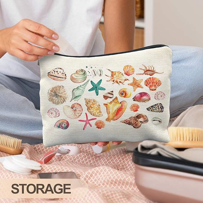 Coastal Beach Makeup Bag, Ocean Beach Themed Gifts Cosmetic Bags for Women, Gifts for Ocean Lovers, Colorful Seashell Starfish Beachy Zipper Makeup Pouch