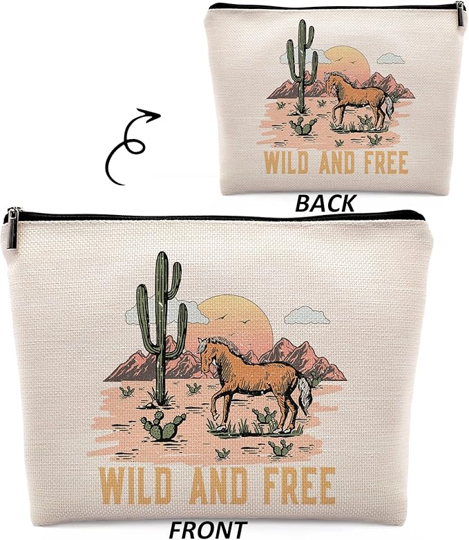 Wild and Free Cowgirl Cosmetic Bag, Wild West Retro Western Horse Cactus Desert Makeup Bag Zipper Cosmetic Pouch Bag Travel Linen Makeup Organizer, Cowgirl Gifts for Women Girls Teen Girls Her