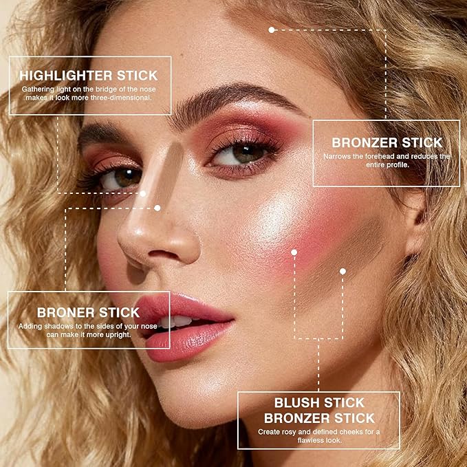 3Pcs Cream Contour Sticks, Shades with Highlighter & Bronzer & Blush, Makeup Kit for Sculpt the Cheeks Long Lasting Dewy & Matte Finish Lightweight Face Contouring Pen LIGHT MEDIUM (SET-B)