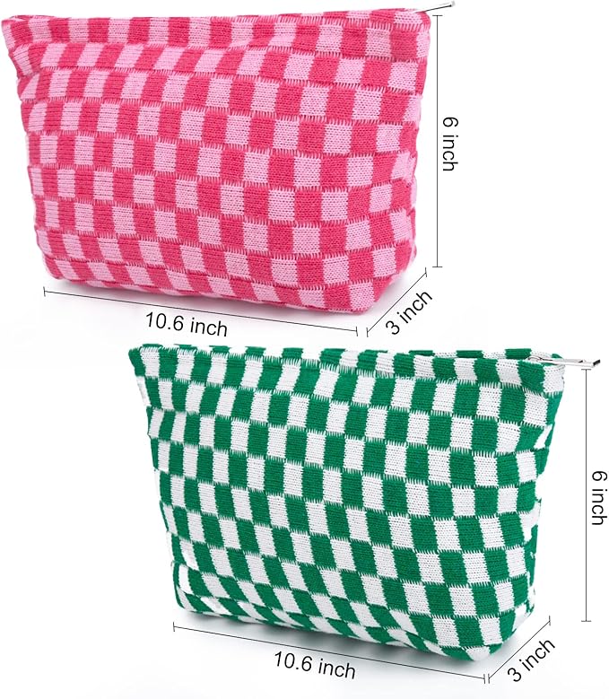 SOIDRAM 2 Pieces Makeup Bag Large Checkered Cosmetic Bag Capacity Canvas Travel Toiletry Bag Organizer Cute Makeup Brushes Aesthetic Accessories Storage Bag for Women, Checkered L Green Rose red