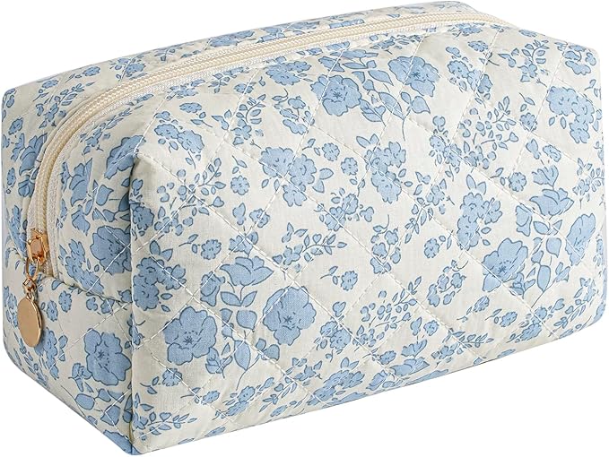 JOVAKIT Square Makeup Bag Cute Cosmetic Bag for Women, Floral Coquette Aesthetic Toiletry Bag, Zipper Make Up Pouch, Travel Make Up Organizer Bag (Blue Floral)