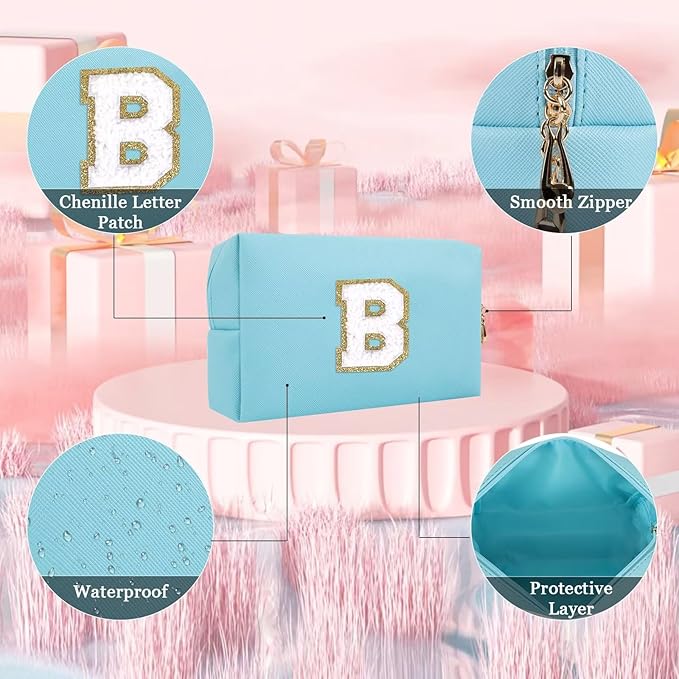 Small Personalized Letter Makeup Bag, Cute PU Leather Chenille Letters Cosmetic Bag Travel Makeup Pouch, Preppy Travel Organizer Zipper Pouch for Women&Girls（Blue-B）