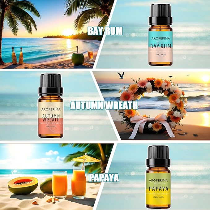 Beach Fragrance Essential Oil Set - Ocean Breeze, Bay Rum, Pineapple, Autumn Wreath, Mango, Papaya 6x10ML for Diffusers, Aromatherapy, Massage, Perfume, Soap Making and Candle