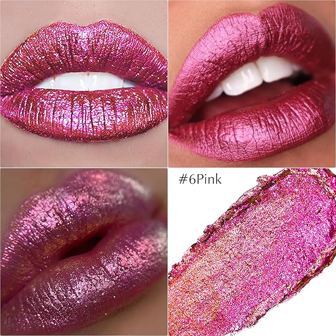 Glitter Lipstick Makeup, Holographic Metallic Pink Lip Stick Long Lasting Lightweight Non-Sticky Hydrating Lip Tinted Full Coverage Sparkling Shimmer Lipstick for Women