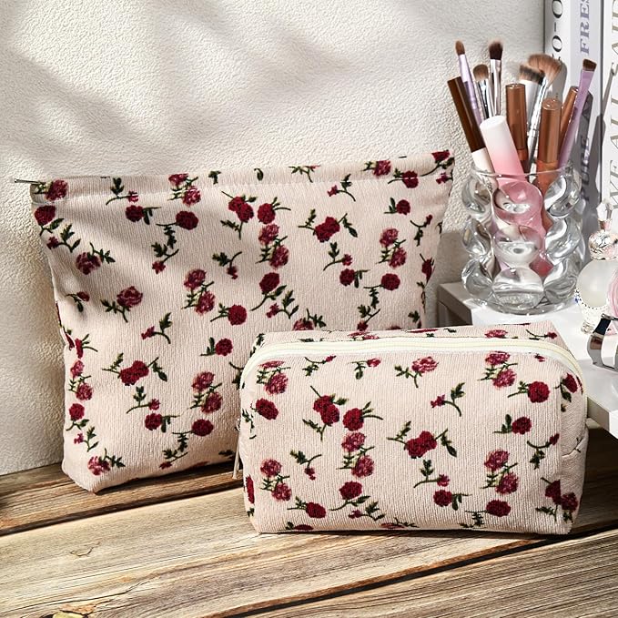 SOIDRAM 2 Pieces Rose Makeup Bag Large Corduroy Cosmetic Bag Capacity Canvas Mix Travel Toiletry Bag Organizer Cute Makeup Brushes Aesthetic Accessories Storage Bag for Women, Rose Mix White