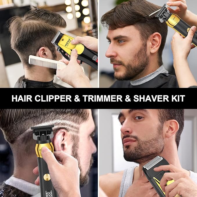 HIENA PRO Professional Cordless Hair Clippers for Men, T-Blade Beard Trimmer & Foil Shaver Set, Rechargeable Barber Clipper Kit and Hair Cutting Set, Facial Grooming Kit with LED Display