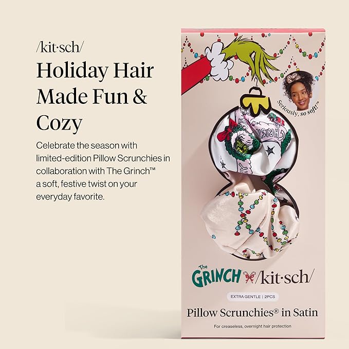 The Grinch x Kitsch Pillow Satin Scrunchies for Women - Hair Ties No Damage, No Crease Hair Accessories | For Day or Night Use | Ideal Gifts for Women - 2pcs