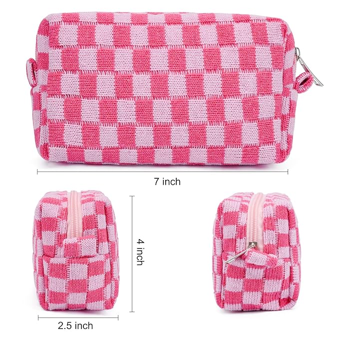 SOIDRAM 2 Pieces Makeup Bag Pouch Checkered Cosmetic Bag Pink Green, Travel Toiletry Bag Organizer Cute Makeup Brushes Storage Bag for Women