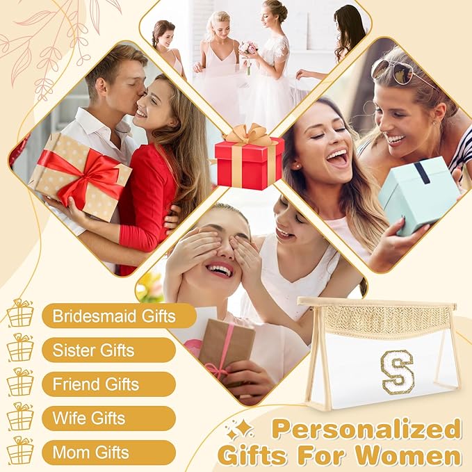Personalized Initial Letter Bag Boho Straw Clear Makeup Bag,Small Cute Chenille Varsity Letter Bag With Zipper,Beach Travel Toiletry Bag,Portable Monogrammed Cosmetic Bag for Women Girls,S