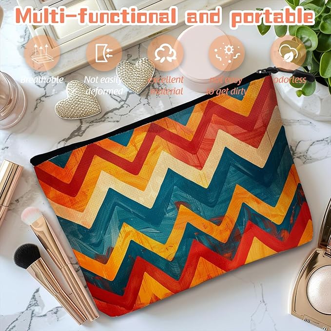 Cosmetic Bags Travel Makeup Toilet Case Waterproof Pouch for Women Girls 6.7X9.45inches - Zigzag Pattern in Warm And Cool Tones