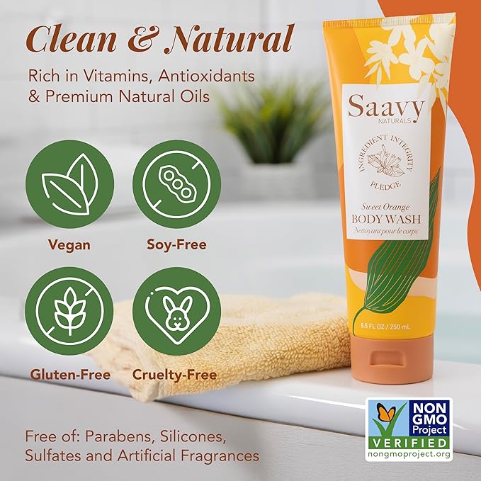 Saavy Naturals Body Wash Sweet Orange Plant-Based Ingredients| Made In USA | Sensitive Skin Body Wash, l Organic & Vegan Formula With Coconut Oil, Shea Butter, And Aloe Vera - 8.5 Fl Oz, 2 Pack