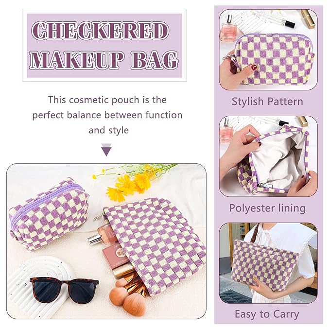 ZLFSRQ 2Pcs Checkered Makeup Bag for Women Large Small Checkered Cosmetic Bag Set Aesthetic Preppy Pencil Case Cute Pencil Pouch Purple Makeup Pouch for Purse Travel Toiletry Bags Zipper Skincare Bags