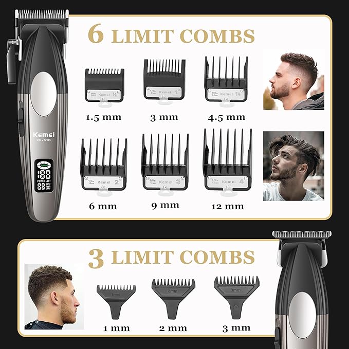 KEMEI 8536 Professional Hair Clippers for Men, Cordless Barber Clipper and Trimmers Set with LED Displays, 9000 RPM Hair Cutting Kits with Charging Bases, Mens Grooming Kit