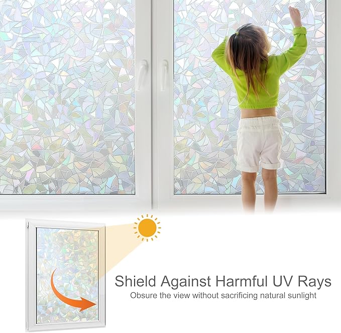 Volcanics Rainbow Window Privacy Film with Installation Tools, Decorative Stained Glass Window Film, Static Cling Heat Control Window Tinting Film Stickers, Grayish Silver, 23.6 x 78.7 inches