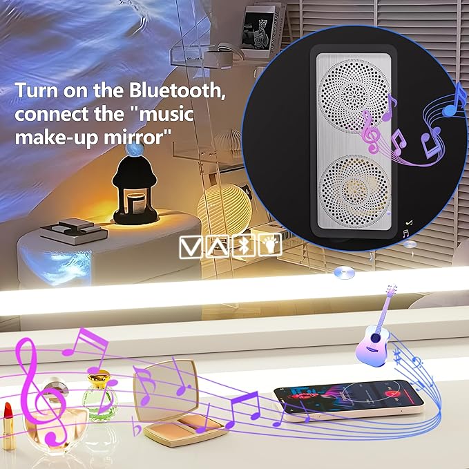 Hasipu Vanity Mirror with Lights and Bluetooth Speaker, 37.4" x 25.6" LED Makeup Mirror, Lighted Makeup Mirror with Dimmable 3 Modes, Touch Screen Control Vanity Mirror Round White