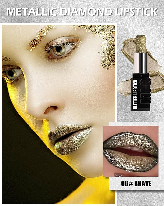 Diamond Glitter Matte Lipstick,Long Lasting Waterproof Green Glod Metallic Sparkling High Pigment Non-Stick Lip Tint Lip Gloss,Full-coverage Lipgloss, Christmas Lip Makeup Gift for Women Girl-06
