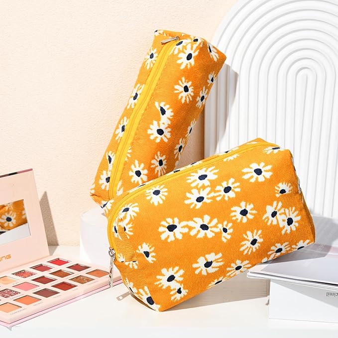 SOIDRAM Makeup Bag Floral Cosmetic Bag Cute Makeup Pouch 1Pcs Large Capacity Makeup Bags and 1Pcs Makeup Brushes Storage Bag Travel Toiletry Bag Organizer