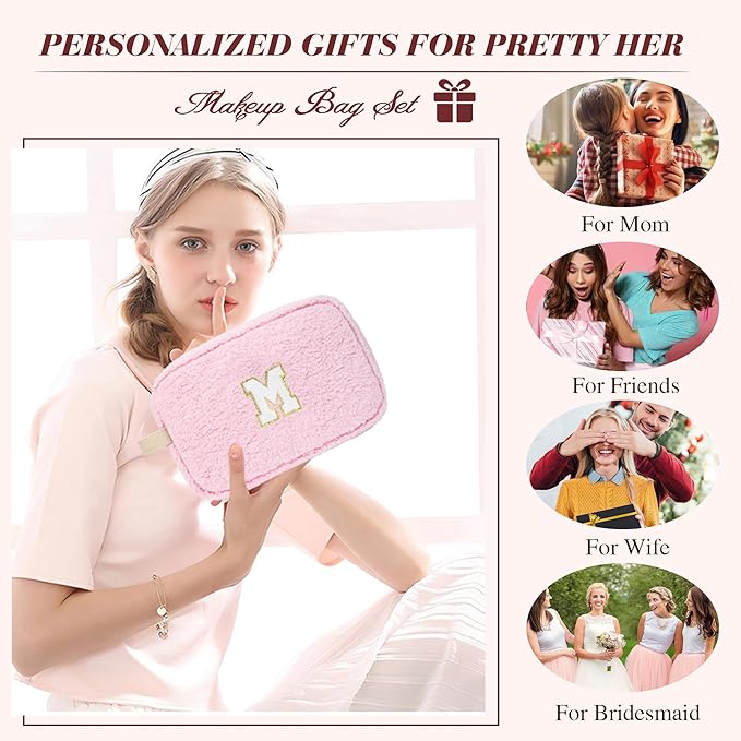2PCS Makeup Bag with Initials, Christmas Day Gifts for Teen Girls Trendy Stuff, Personalized Cosmetic Travel Bag Pouch for Granddaughter, Cute Plush Make up Bags for Birthday - Pink S