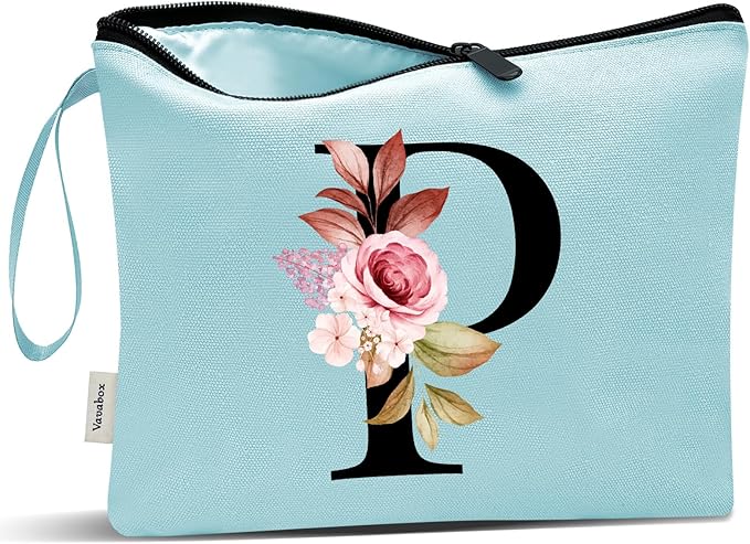 Vavabox A-Z Personalized Makeup Bag, Birthday Gifts for Women Mom, Gifts for Best Friend, Bride Bridesmaid Cosmetic bag (P, Green)