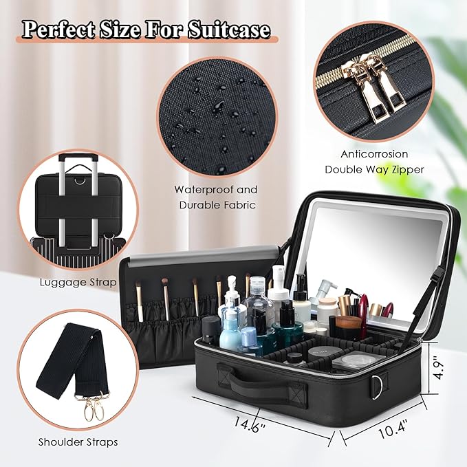 Travel Makeup Bag with LED Lighted Make up Case with Mirror 3 Color Setting Cosmetic Makeup Box Organizer Vanity Case for Women Beauty Tools Accessories Case Rechargeable (big black)