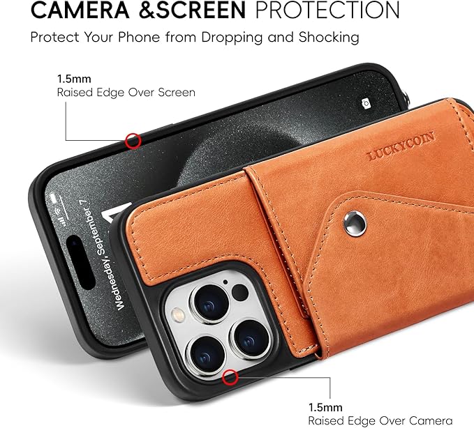 LUCKYCOIN Crossbody Wallet Phone Case for iPhone 15 Pro Max,100% Genuine Leather Wallet Phone Case with Expandable Flip Card Holder,Phone Purse for Women with Adjustable Removable Strap - Brown