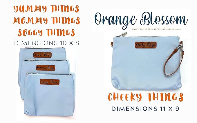 Stylish Diaper Bag Organizing Pouches - XL Set of 4 Light Blue Canvas Diaper Bag Pouches with Leather Embossed Labels, Leather Wristlet Strap & Durable Metal Zippers