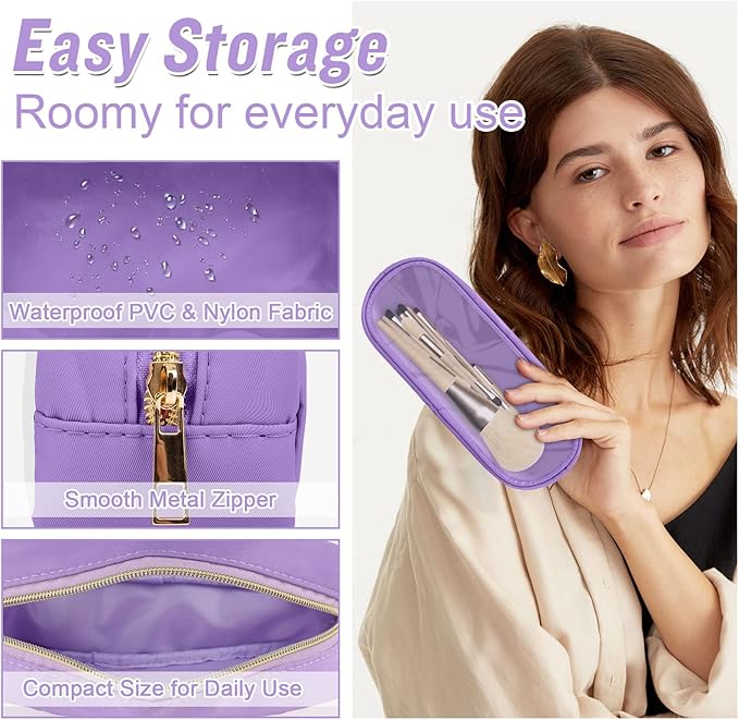 Nylon Small Clear Slim Preppy Cosmetic Zipper Pouch, PVC Toiletry Clutch Coin Makeup Organizer for Women Girls (Purple)